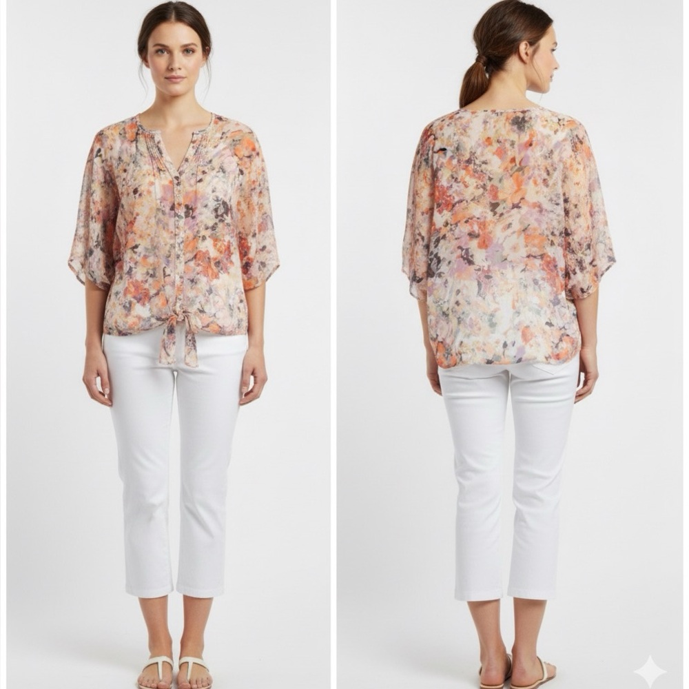 Hilma Petite Watercolor Floral Chiffon Blouse LP Split Neck Tie Waist - Picture 7 of 7
